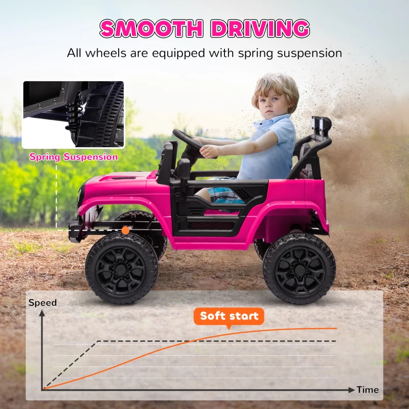 Qaba 12V Battery Powered Ride On Truck, Kids Electric Car with Spring Suspension, Remote, Horn, USB Music, Pink