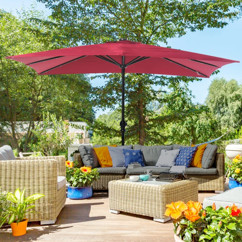 Outsunny 9' x 7' Solar Umbrella, LED Lighted Patio Umbrella for Table or Base with Tilt & Crank, Outdoor Umbrella for Garden, Deck, Backyard, Pool, Beach, Wine Red