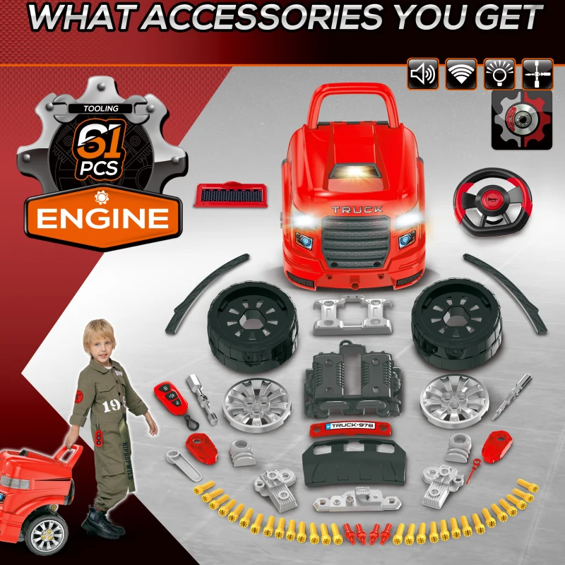 Qaba Mechanic Kids Truck Engine Toy Set, Car Service Play Set, Red