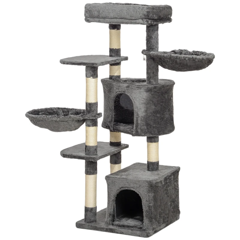 PawHut 52.5" Cat Tree Tower with Scratching Posts, Cat Condos, Bed, Platforms, Hammocks, for Indoor Cats, Dark Grey