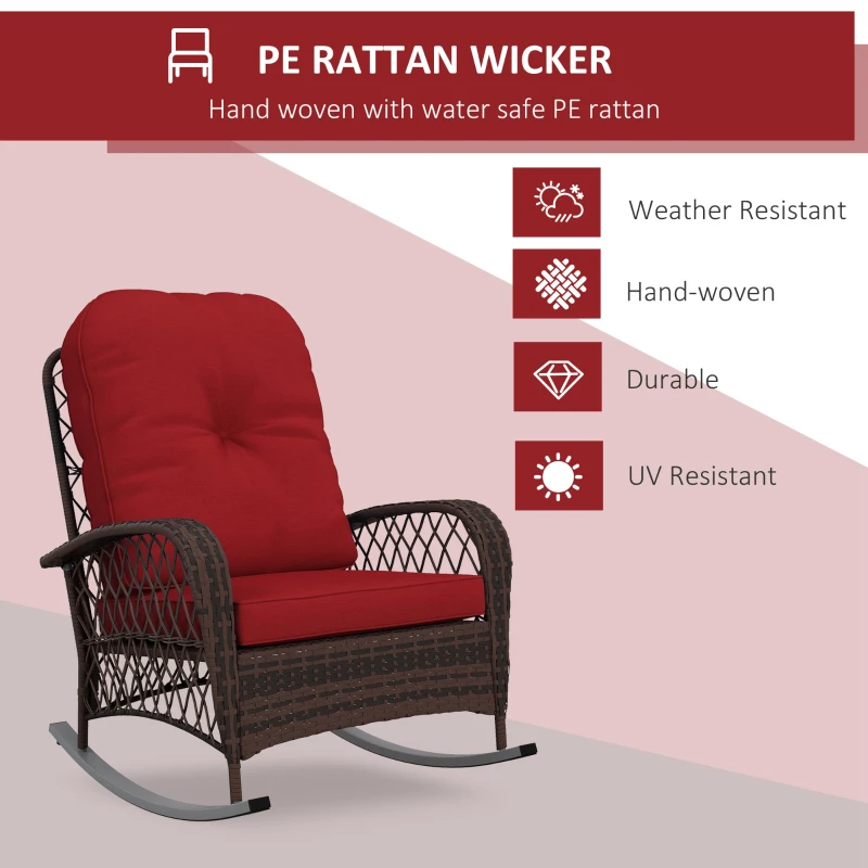 Outsunny Outdoor Wicker Rattan Rocking Chair Patio Rocker with Thick Cushions for Garden Backyard Porch, Red