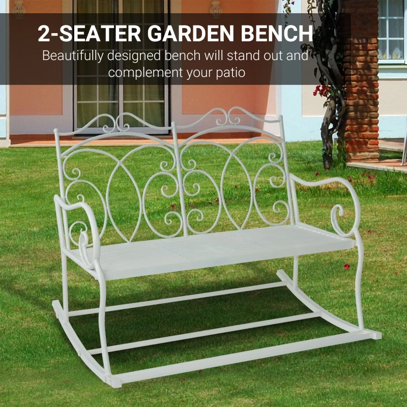 Outsunny Patio 2 Seater Rocking Bench Steel Garden Outdoor Garden Loveseat w/ Elegant Patern for Garden, Balcony, Porch, White
