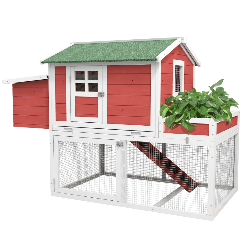 PawHut Wooden Chicken Coop Hen House Poultry Cage for Outdoor Backyard with Raised Garden Bed, Run Area, Nesting Box and Removable Tray,