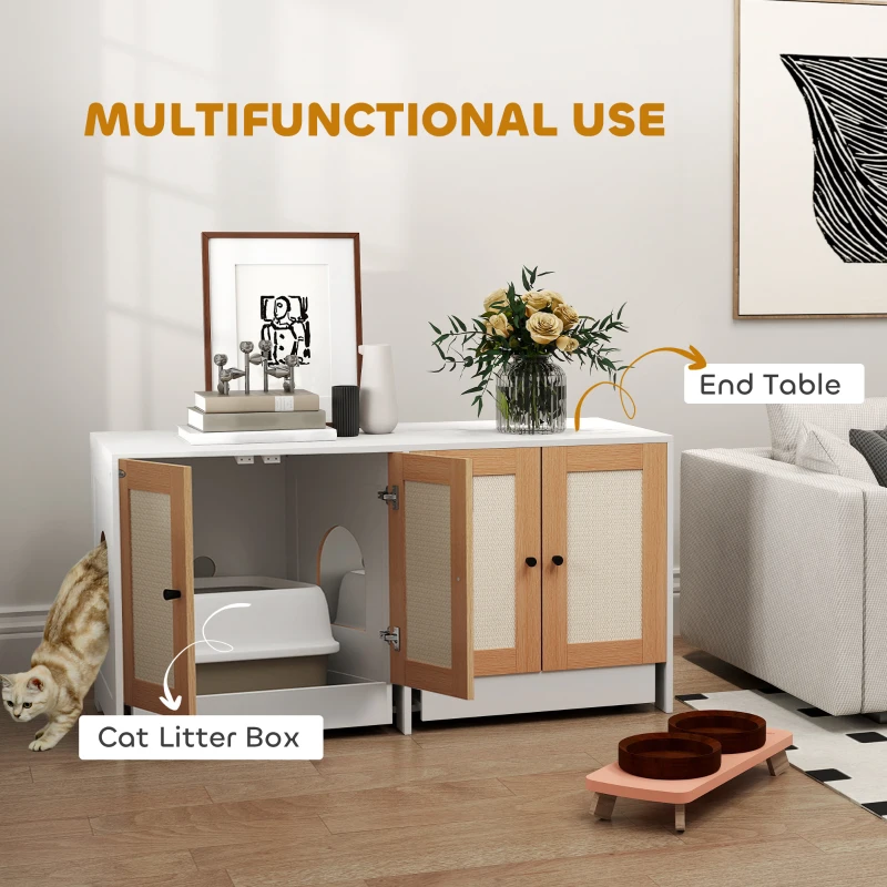 PawHut Cat Litter Box Enclosure w/ 2 Cabinets, Scratching Mats, Pull-Out Trays, Hidden Litter Box for 2 Cats, White