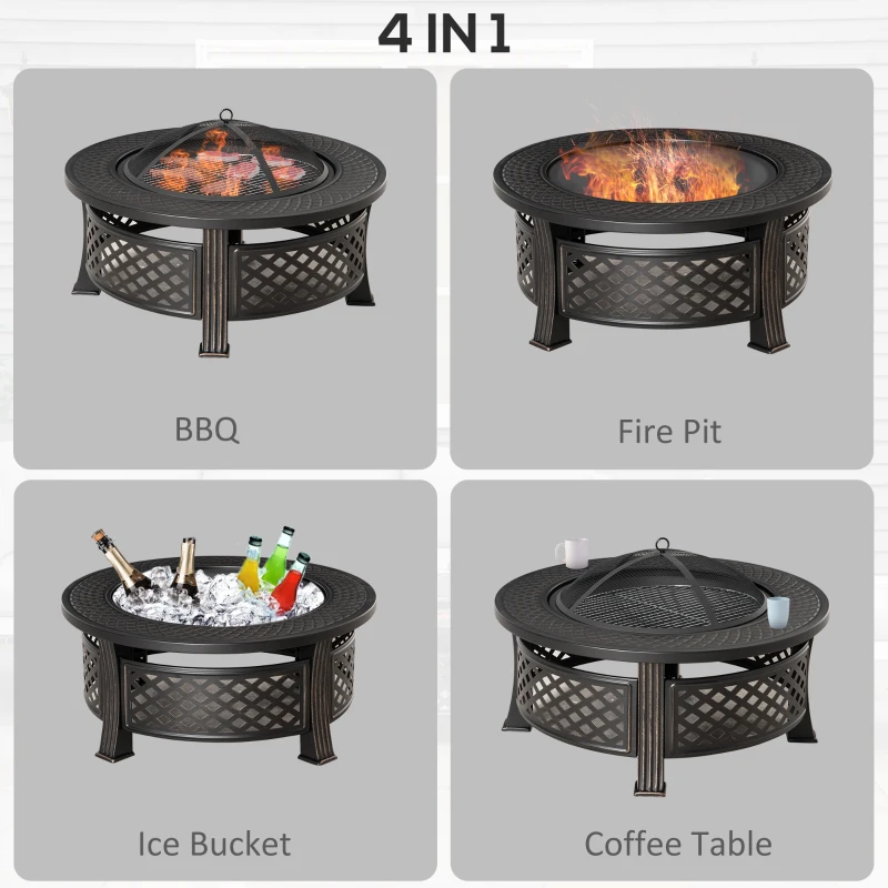 Outsunny Outdoor Fire Pit, Firepit with Grill Net, Mesh Lid, Poker, for Camping, Bonfire, Picnic, Bronze