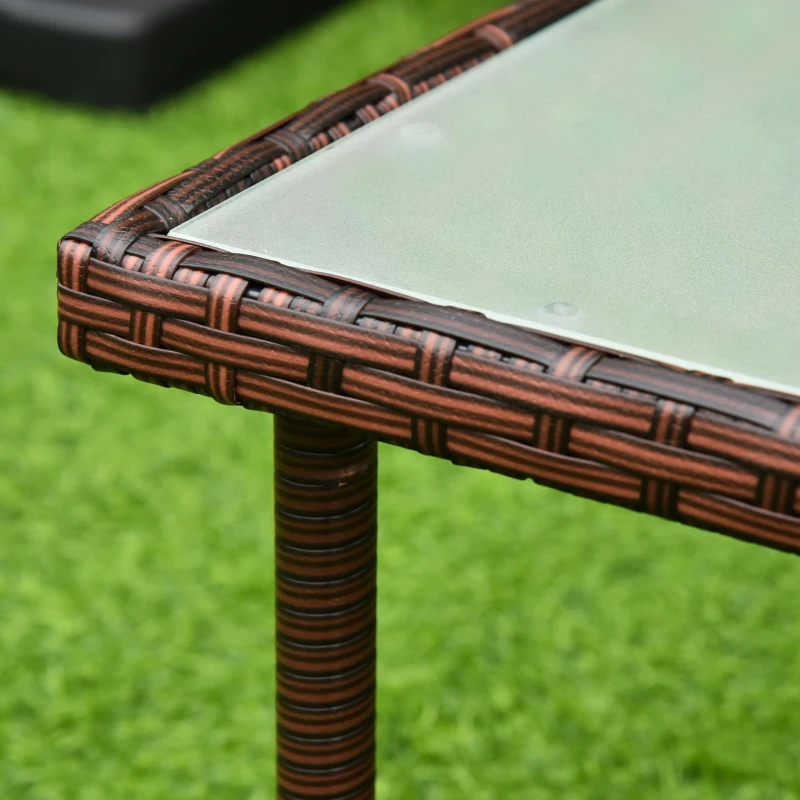 Outsunny Patio Wicker Dining Table, Outdoor Rattan Coffee Table with Glass Top for Garden, Patio, or Backyard, Brown