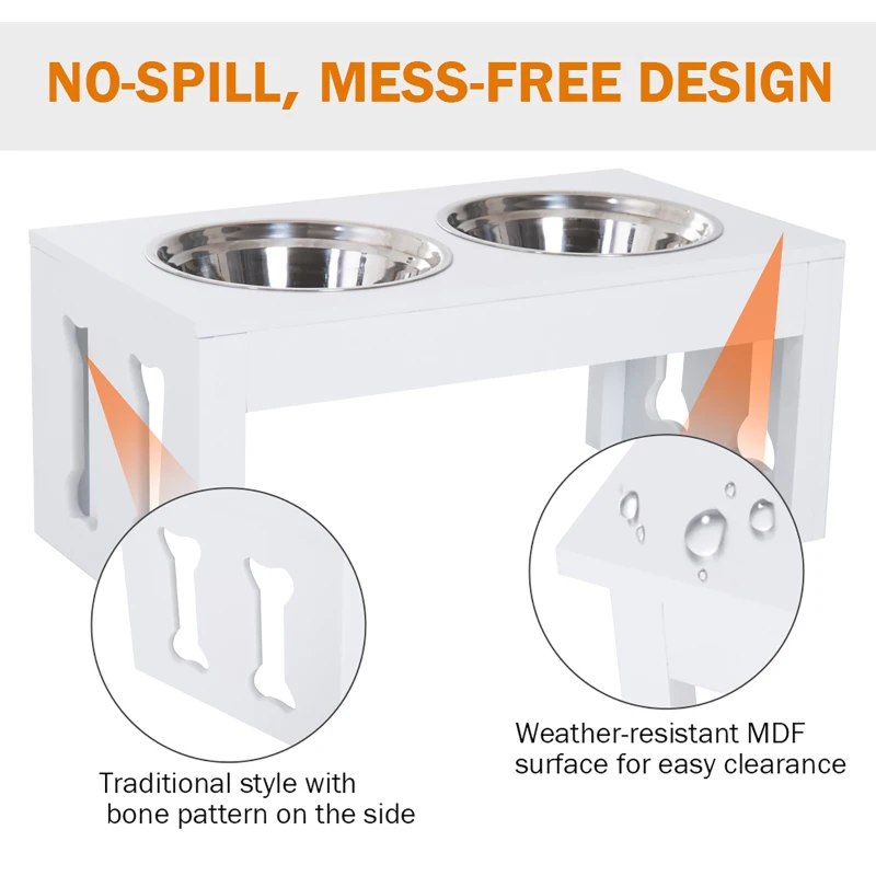 PawHut 23" Modern Decorative Raised Dog Bowls, Wooden Heavy Duty Pet Food and Water Bowl, Elevated Feeding Station, White