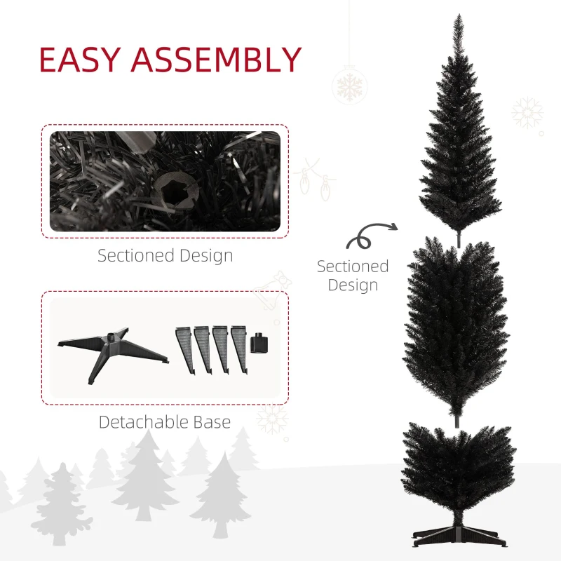 HOMCOM 8ft Unlit Pencil Artificial Christmas Tree with Realistic Branches and 618 Tips, Plastic Base, Black