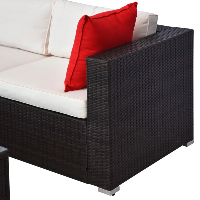 Outsunny 5-Piece Patio Furniture Set with Cushions, Outdoor PE Rattan Wicker Sofa Set, Sectional Furniture with Pillows, Glass Coffee Table for Garden, Backyard, Brown/Cream White