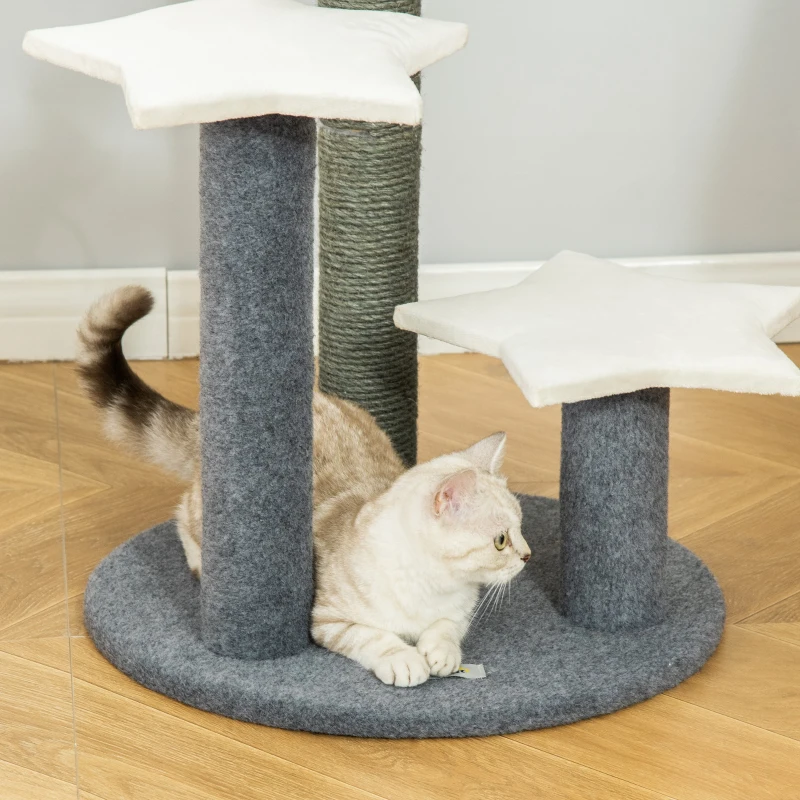 PawHut 30" Cat Tree Kitty Activity Center Climbing Toy Rest Pet Furniture with Sisal Scratching Post Moon Star Shaped Perch Hanging Ball Grey, White