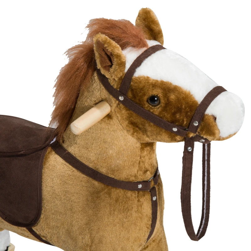 Qaba Kids Plush Toy Rocking Horse Pony Toddler Ride on Animal for Girls Pink Birthday Gifts with Realistic Sounds, Brown