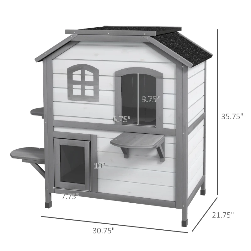 PawHut 2-story Cat House Outdoor, Weatherproof Wooden Cat Enclosure for Feral Cats with Escape Door, Openable Roof, Jumping Platforms, White