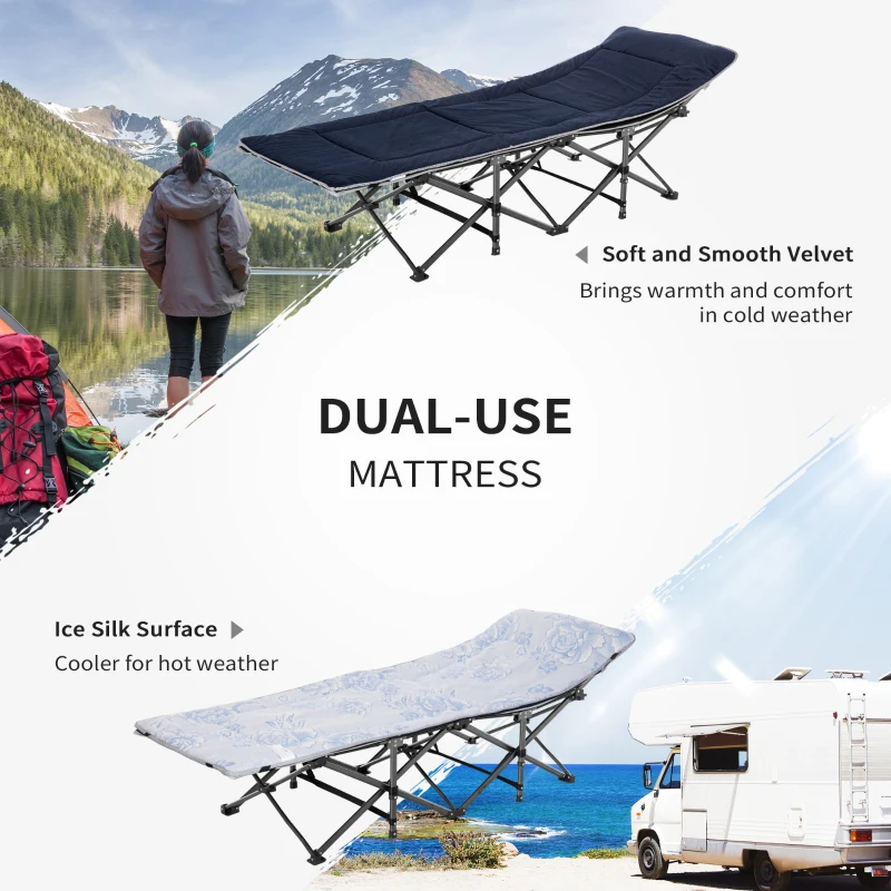 Outsunny Folding Camping Cot with Mattress & Pillow, Double Layer Oxford Heavy Duty Sleeping Cot with Carry Bag Grey and Blue