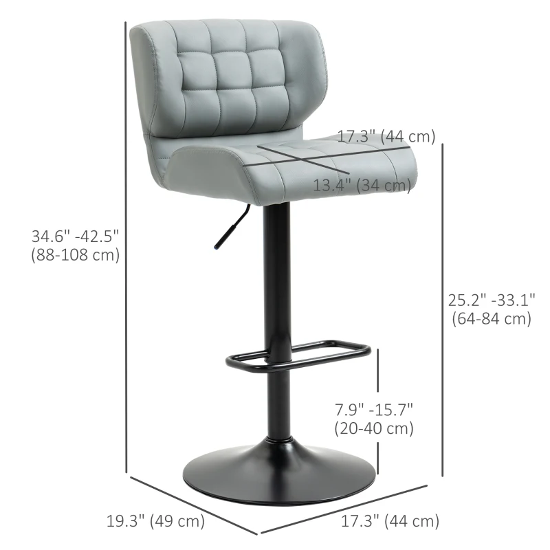 HOMCOM Swivel PU Leather Barstools Set of 2 Adjustable Bar Stools with Footrest Back for Kitchen Counter Dining Room Grey