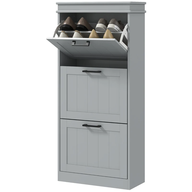 HOMCOM Slim Shoe Cabinet with 3 Flip Drawers and Adjustable Shelves, Narrow Shoe Cabinet for 15 Pairs of Shoes, Grey