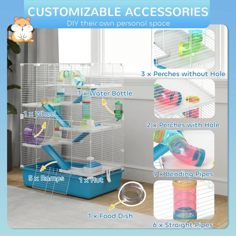 PawHut 6 Tier Hamster Cage with Tubes and Tunnels, Hut, Wheel, Food Dish, Water Bottle, Ramps, for Dwarf & Gerbil, Light Blue