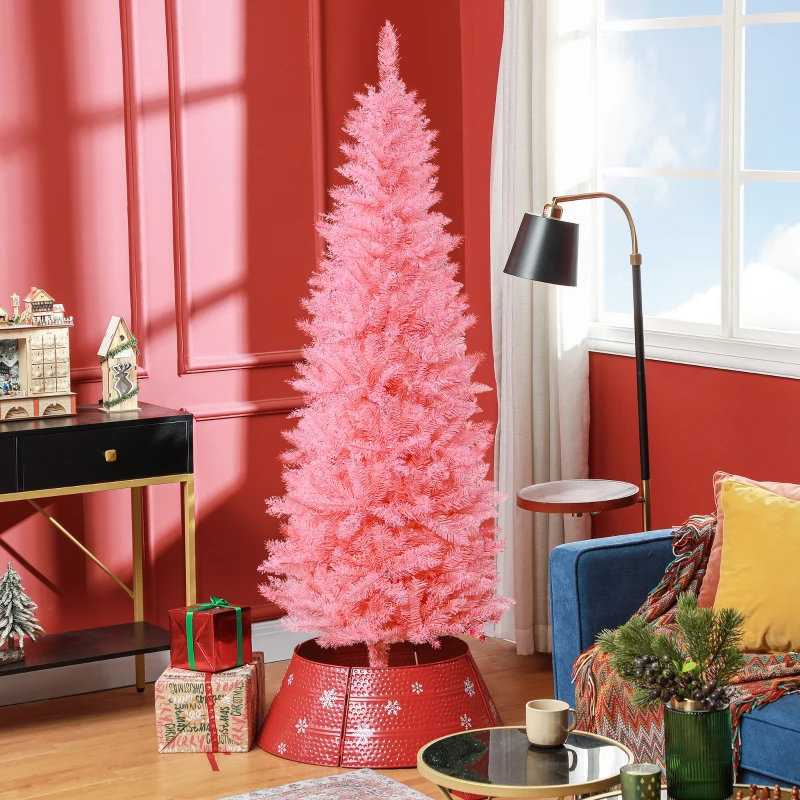 HOMCOM 6ft Tall Pencil Artificial Christmas Tree with 479 Branch Tips with Steel Base, Pink