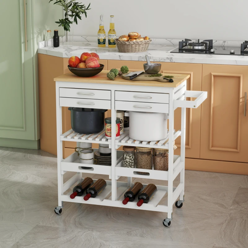 HOMCOM Kitchen Island with Storage, Bar Cart with 6-Bottle Wine Rack, Kitchen Cart with Natural Wood Top, 4 Drawers, 2 Removable Tray for Dining Room, Living Room, White