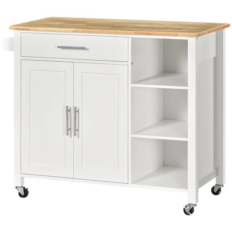 HOMCOM Wooden Rolling Kitchen Island on Wheels,  Kitchen Cart with Drawer for Dining Room, White