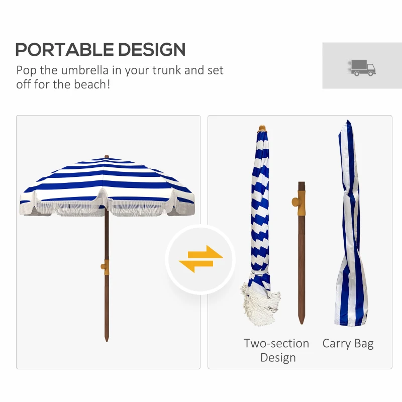 Outsunny 6.2' Beach Umbrella for Travel, Vent, Ruffles, Carry Bag, Portable Outdoor Umbrella for Garden, Blue Stripe