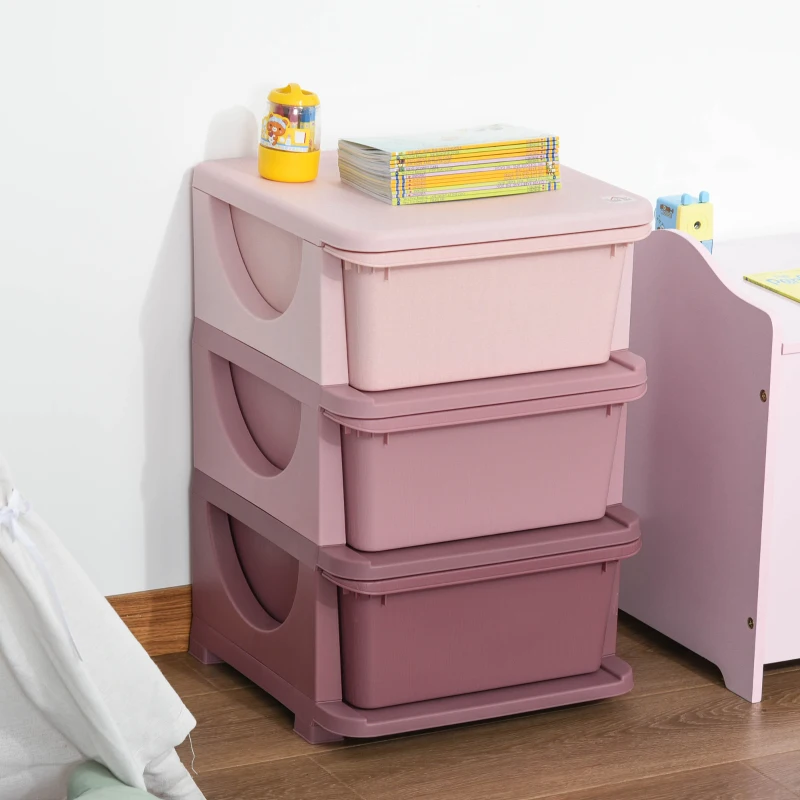 Qaba 3 Tier Kids Storage Unit, 3 Drawer Chest Toy Organizer Plastic Bins for Kids Bedroom Nursery Kindergarten Living Room for Boys Girls Toddlers, Pink