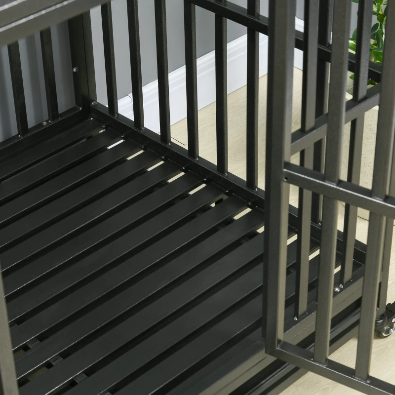 PawHut 41" Heavy Duty Steel Dog Crate Kennel Pet Cage with Wheels for Convenient Access Anti-Pinching Floor, Black