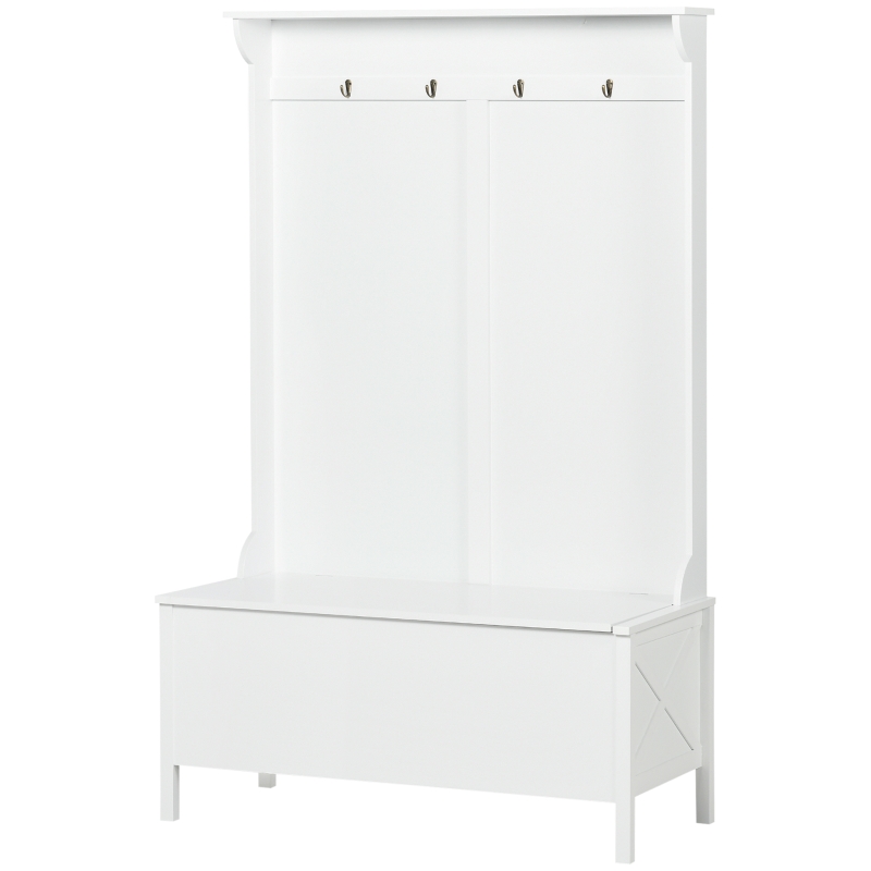 HOMCOM Modern Hall Tree, Shoe Bench with Hidden Storage Space, 4 Hooks and Top Shelf, Freestanding Coat Rack Stand for Entryway, White