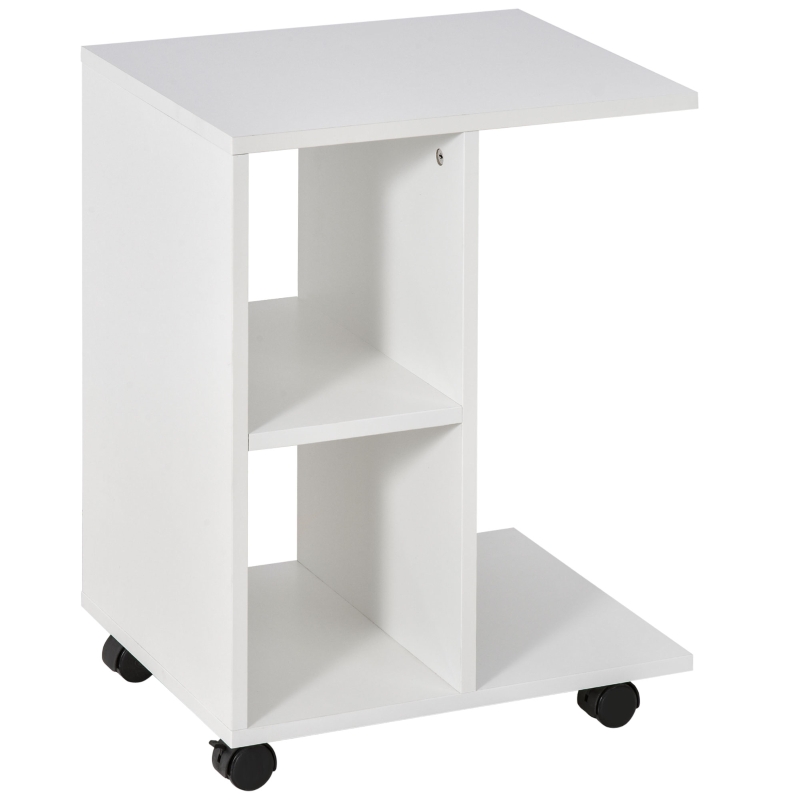 HOMCOM C-Shape Side Table End Table with Storage Open Shelf, Coffee Table on Wheels for Home Office Studio White