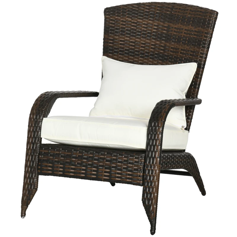 Outsunny Patio Wicker Adirondack Chair, Outdoor All-Weather Rattan Fire Pit Chair w/ Soft Cushions, Tall Curved Backrest and Comfortable Armrests for Deck or Garden, Cream White