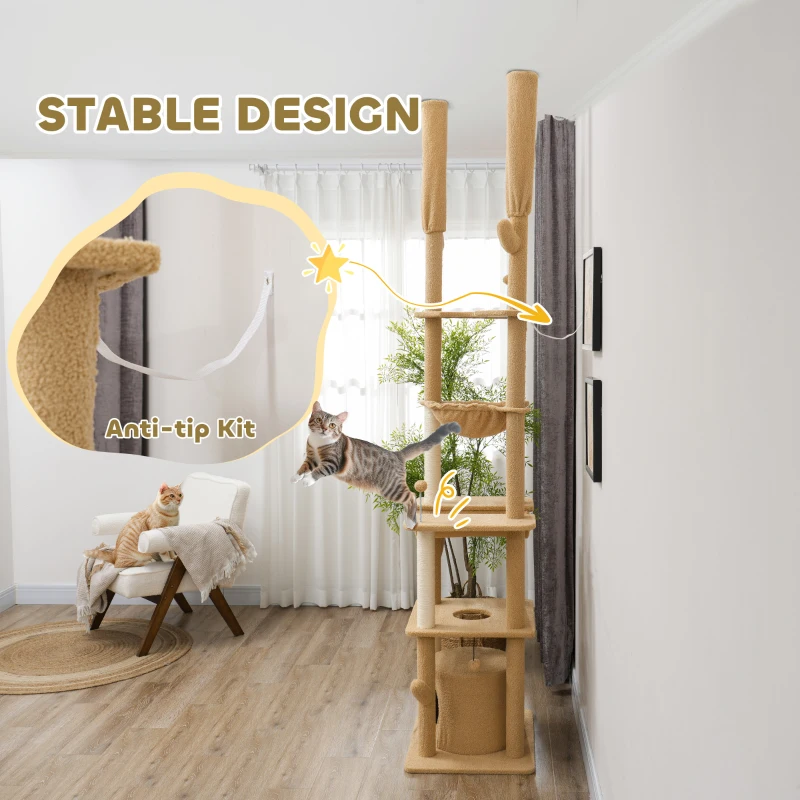 PawHut 89"-100" Floor to Ceiling Cat Tree Cat Tower for Large Cats w/ Scratching Posts, Grooming Brush Post, Cat Condo, Brown