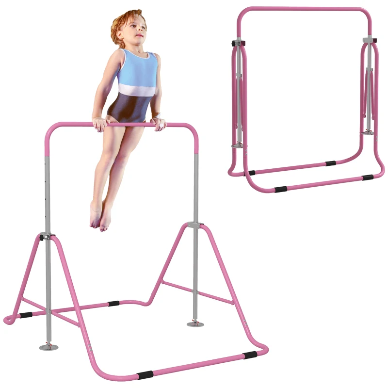 Qaba Foldable Gymnastics Bar for Kids, Expandable Gymnastics Equipment with Adjustable Height for Boys Girls, Pink