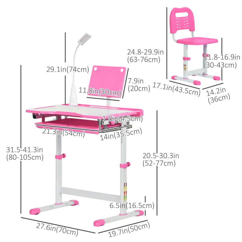 Qaba Kids Desk and Chair Set Height Adjustable Student Writing Desk Children School Study Table with Tilt Desktop, LED Lamp, Pen Box, Drawer, Reading Board, Cup Holder, Pink