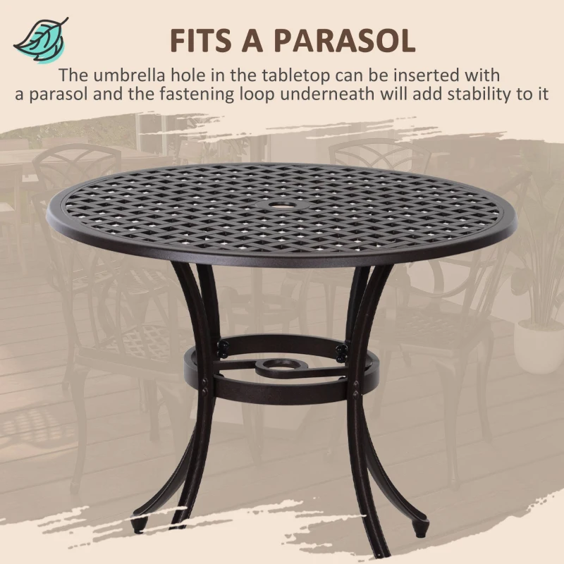Outsunny 5 Pieces Outdoor Dining Set, Cast Aluminium Patio Table and Chairs with Parasol Hole, Patio Dining Set for 4, Brown