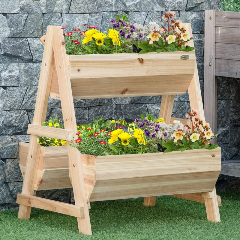 Outsunny 3 Tier Verctial Raised Garden Bed, Wooden Elevated Planter Box with Fabric Liner and Drainage Holes, for Vegetables, Herbs, Flowers, Natural