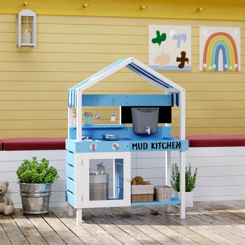 Qaba Wooden Mud Kitchen for Kids Outdoor with Sink, Faucet, Water Tank, Storage Shelves, Accessories for Boys and Girls, Blue
