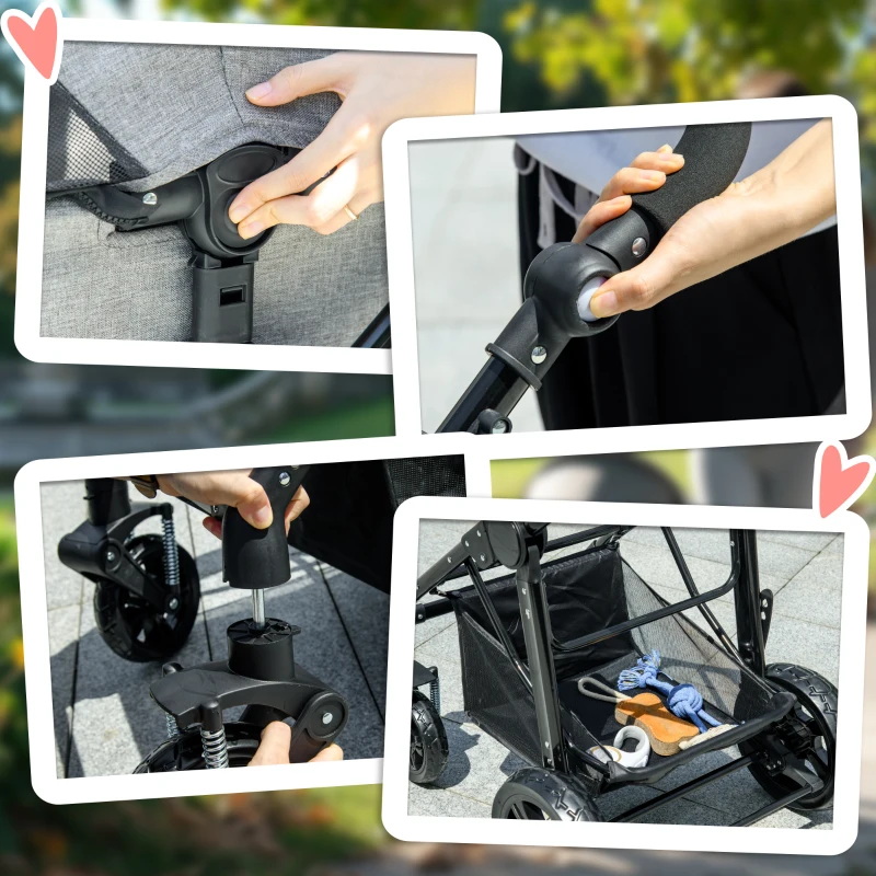 PawHut 2 in 1 Dog Stroller with Detachable Carriage Bag, Adjustable Canopy, Safety Leashes, Storage Basket for S Dogs, Grey
