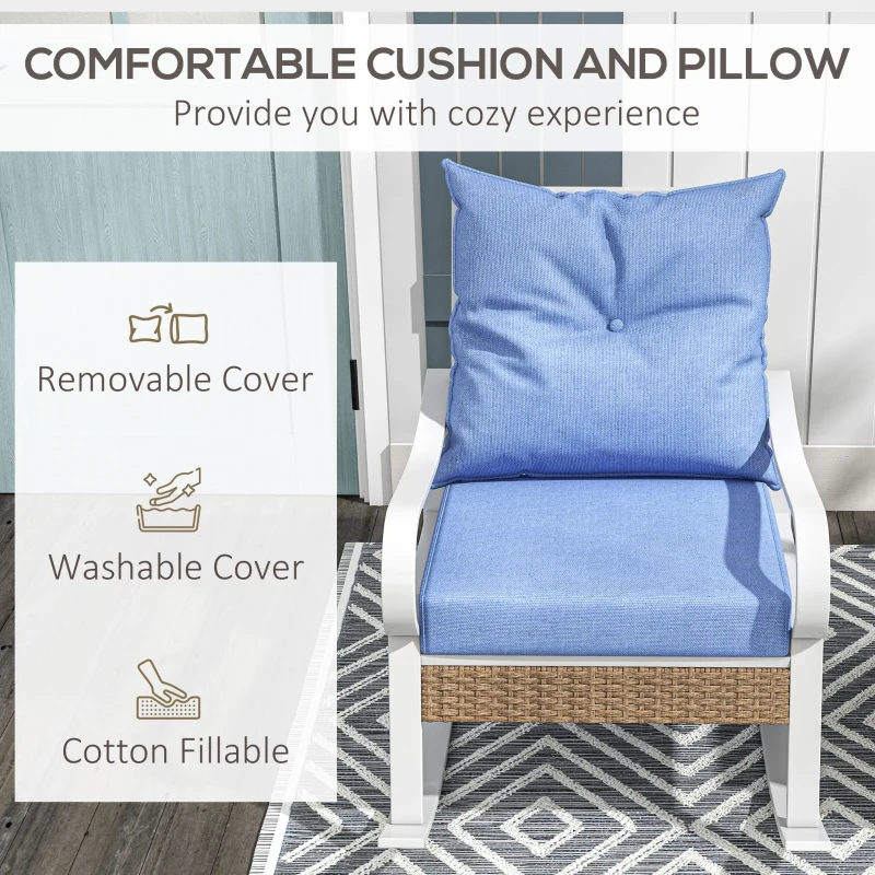 Outsunny Outdoor Rocker, Porch Rocking Chair with Soft Cushion, Rattan Decoration for Garden, Patio, Balcony, Lawn, Light Blue
