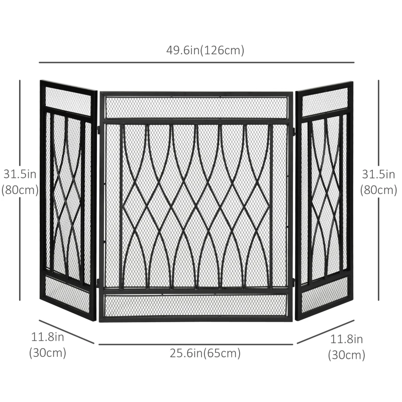 HOMCOM 3-Panel Metal Mesh Fireplace Screen, Decorative Fire Spark Guard Cover, 49.5" x 31.5"for Living Room Home Decor, Black