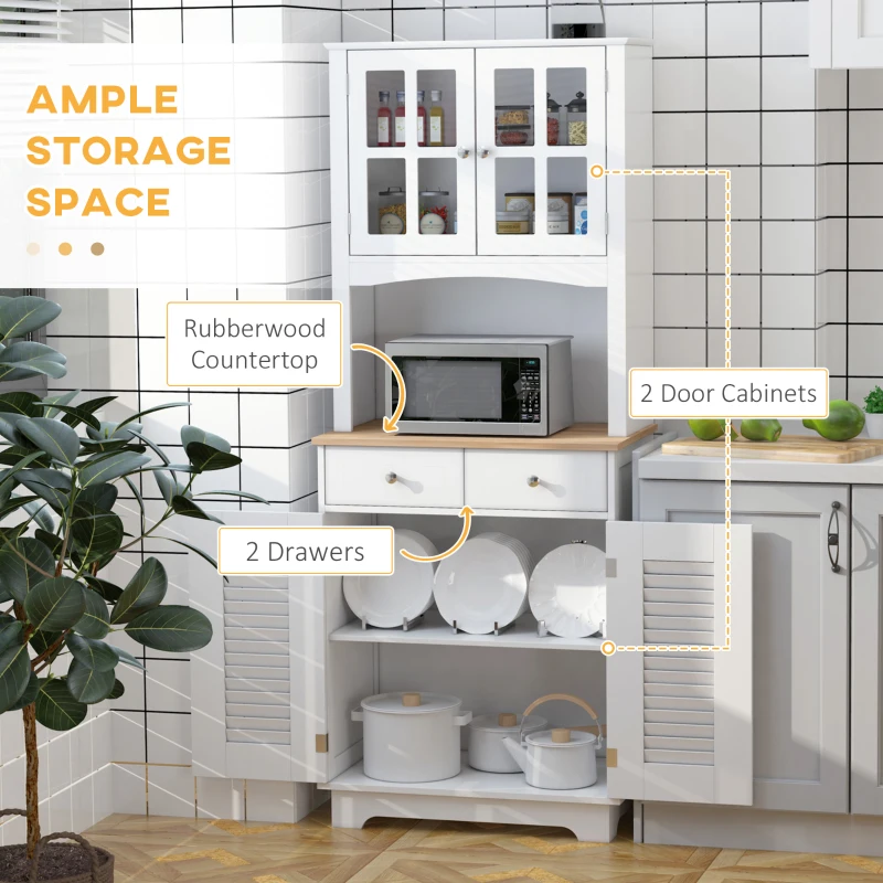HOMCOM 67" Modern Buffet with Hutch, Louvered Kitchen Pantry Microwave Cabinet with Framed Glass Doors and 2 Drawers, White