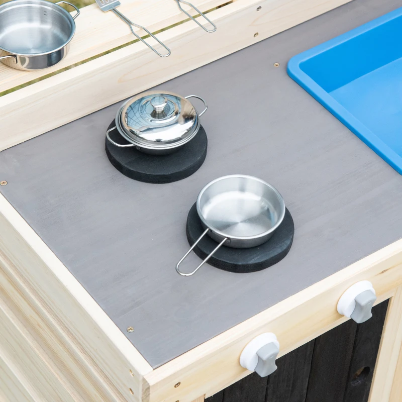 Outsunny Outdoor Kitchen Play Set with Frying Pan, Pretend Play Mud Kitchen for Kids with Removable Sink, Wooden Kitchen Set for Ages 3-7, with Planting Pots, Shelf, Cabinets