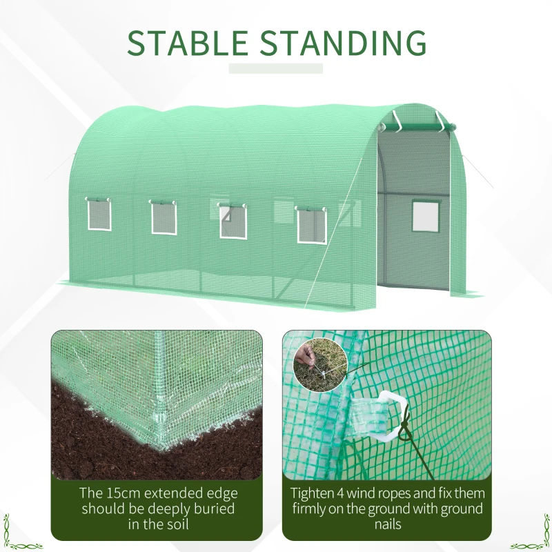Outsunny Walk-in Tunnel Greenhouse, 13 x 6.4 x 6.5 ft Hoop House with Zipped Roll-Up Door and 8 Mesh Windows, Outdoor Greenhouse with Galvanised Steel Frame, Green