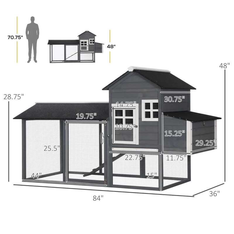 PawHut 84" Wooden Chicken Coop, Hen House Outdoor with Run Nesting Box, Asphalt Roof, Removable Tray, Ramp, Poultry Cage for 2-3 Chickens, Gray(m-3)