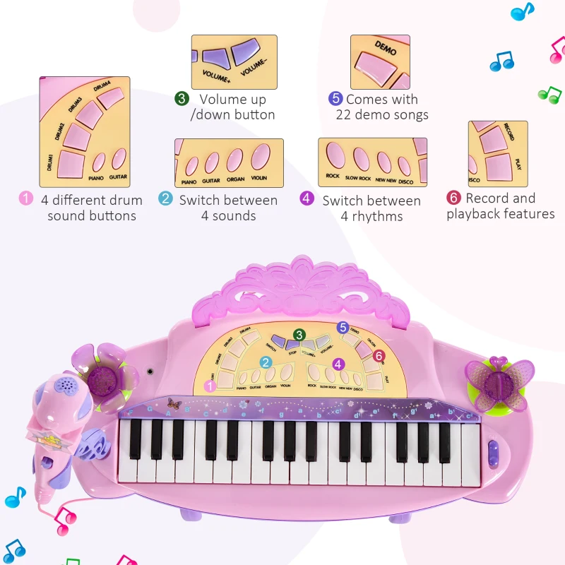 Qaba Kids Piano Electronic Keyboard Instrument with Microphone and Stool 32 Keys Musical Toy Organ Educational Gift for Children Pink