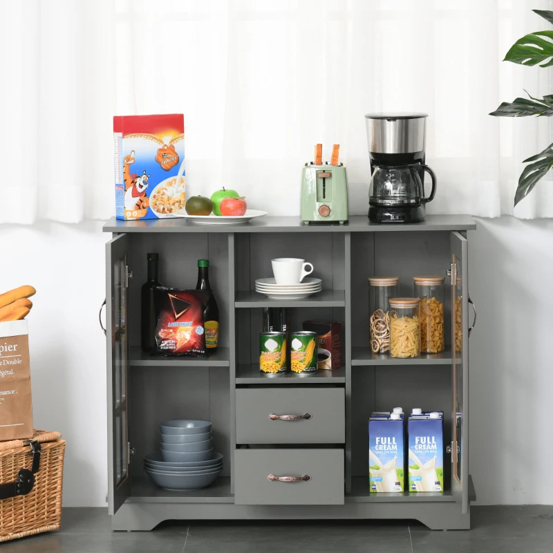 HOMCOM Sideboard Buffet Cabinet, Kitchen Cabinet, Coffee Bar Cabinet with 2 Framed Glass Doors, 2 Drawers and 2 Open Shelves for Living Room, Gray