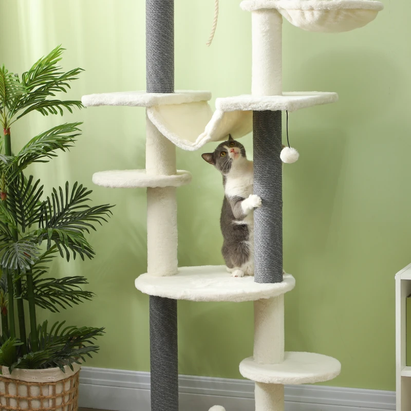PawHut 89"- 100" Floor to Ceiling Cat Tree with Scratching Posts, Hammock, Perches & Toy Balls, White