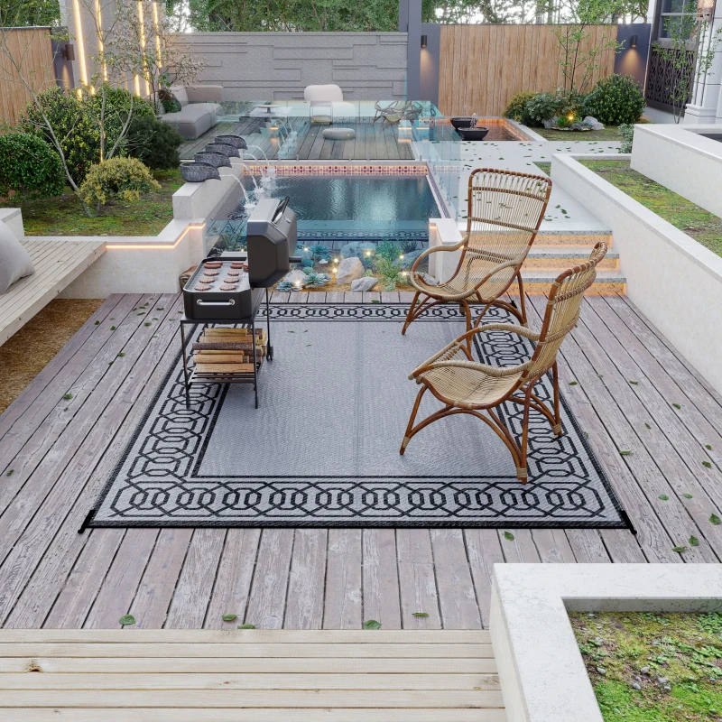 Outsunny Portable Outdoor Rug with Carrying Bag, 9' x 12' Reversible Mat, Waterproof Plastic Straw RV Rug for Backyard, Deck, Picnic, Beach, Camping, Black and Grey