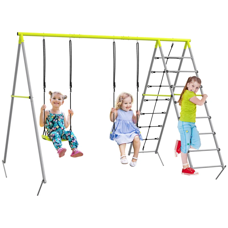 Outsunny 4 in 1 Metal Swing Set with Double Swings, Climber, Climbing Net for Kids, Toddlers, Backyard, Outdoor, Playground