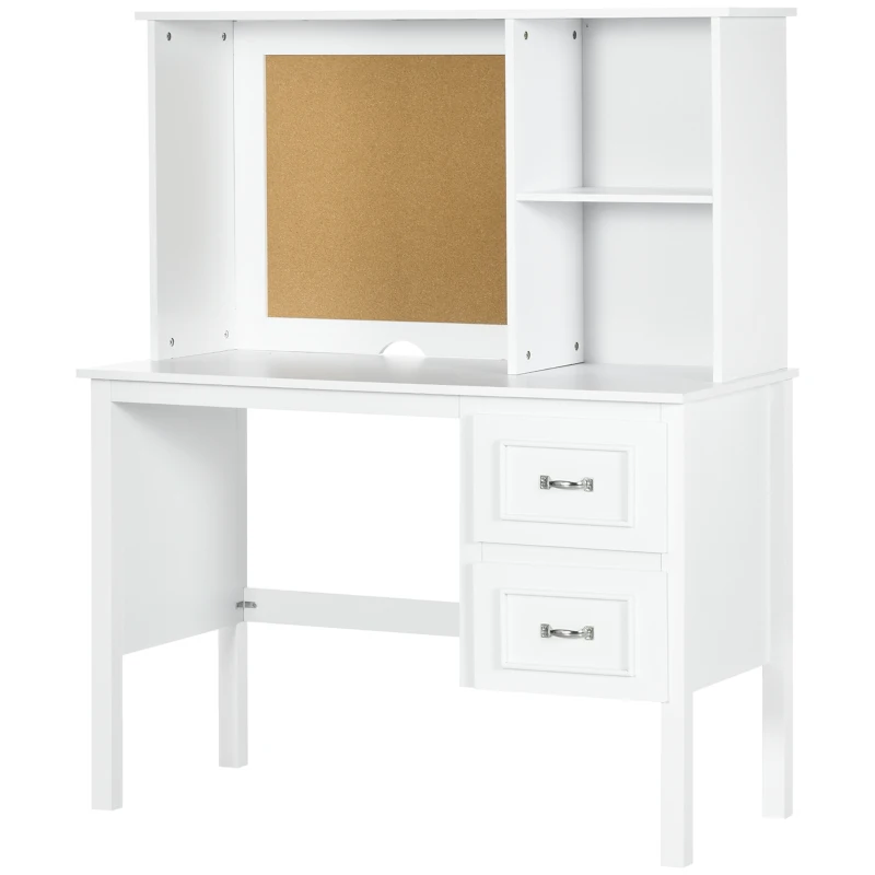 HOMCOM Computer Desk with Drawers & Shelves, Home Office Desk with Storage & Corkboard, Workstation Table with Cable Hole, White