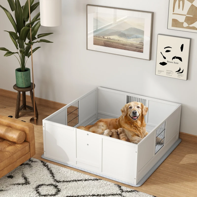 PawHut Dog Whelping Box with Washable Pee Pad, Adjustable Height Door, for Large Breed Dogs, 49" x 47" x 19"