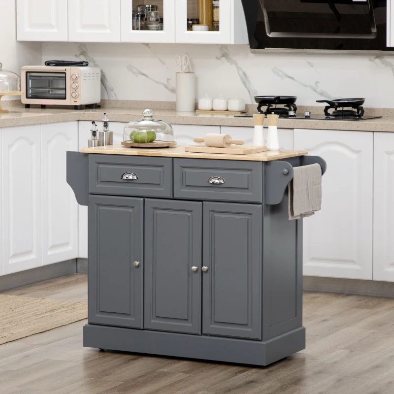 HOMCOM Triple-Cabinet Kitchen Island on Wheels, Kitchen Storage Cabinet with Drawers, Rolling Utility Cart, Dark Gray